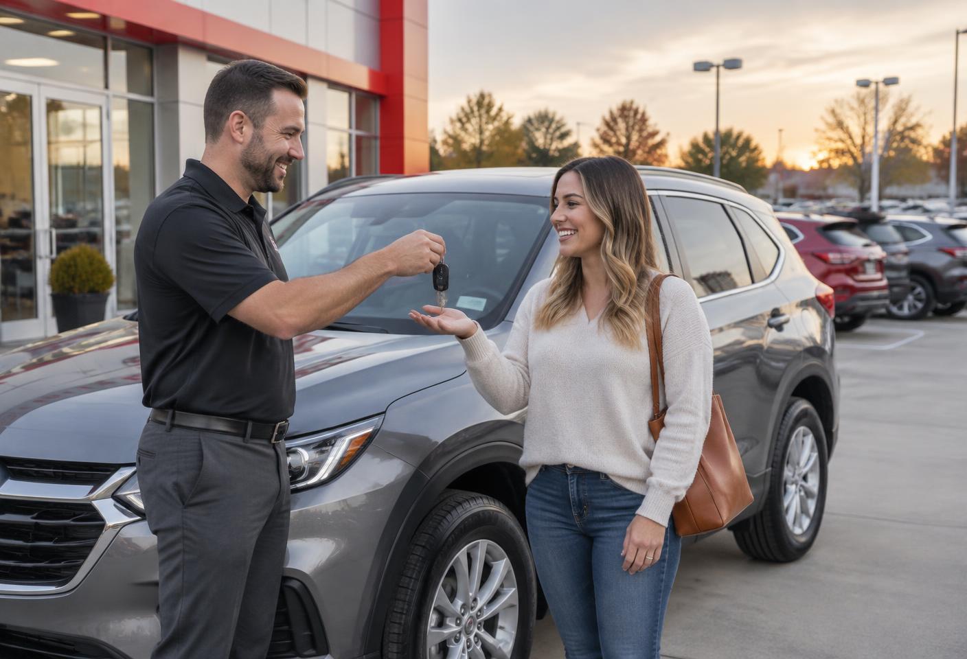 Customer receiving keys from a dealership salesperson
