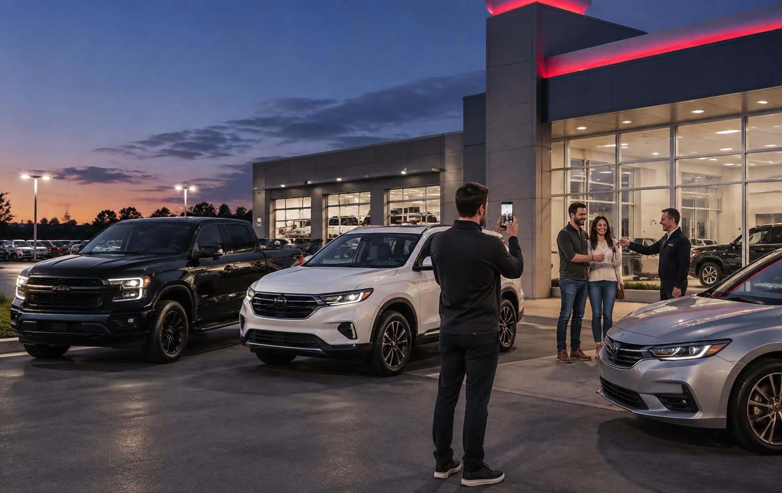 Local dealership team creating video content beside its inventory