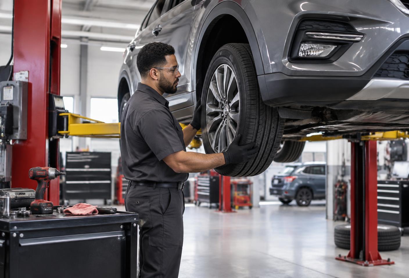 Technician servicing a customer vehicle in a dealership service bay